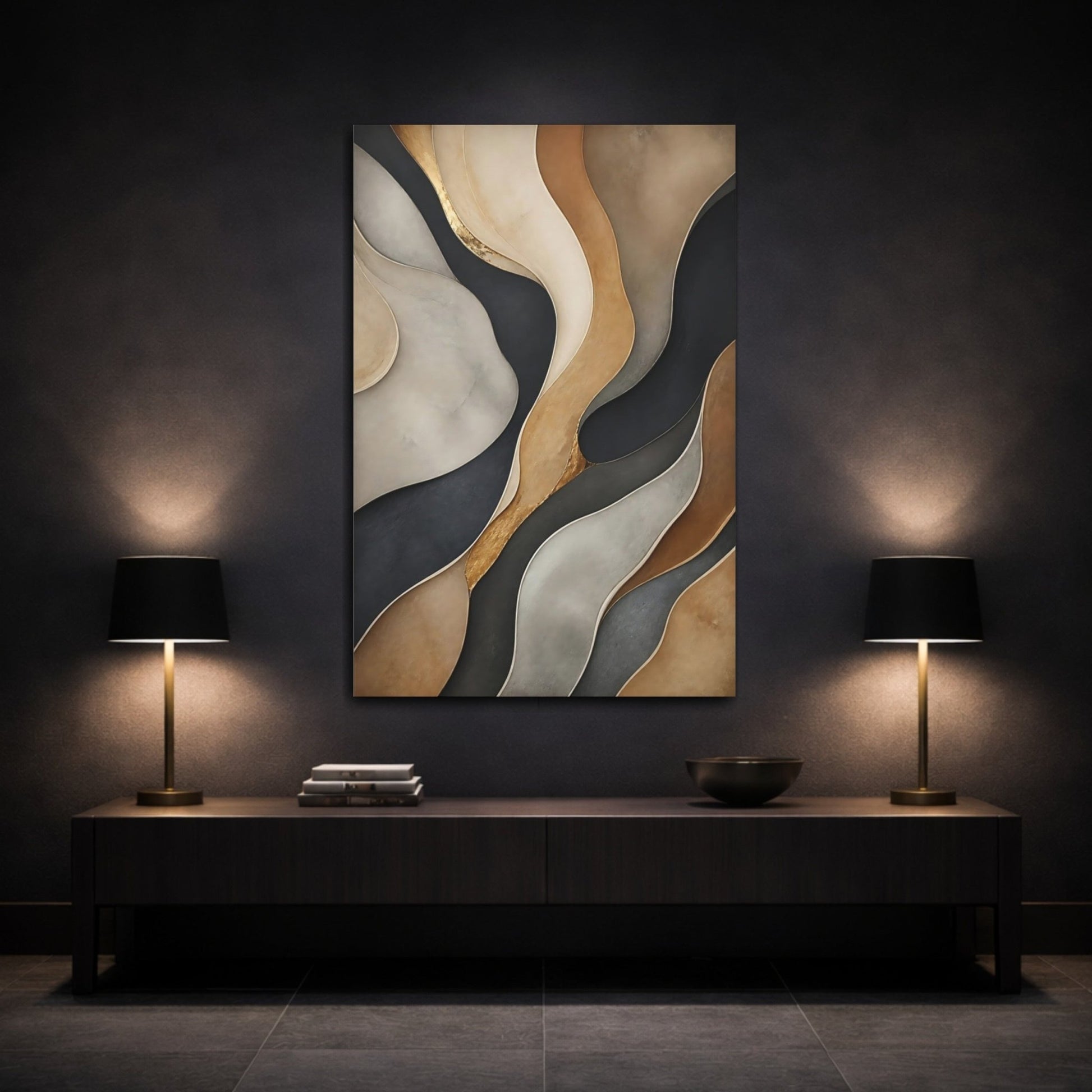 Abstract Waves Gold Gray Brown Canvas Wall Art Print – Modern Living Room, Above Console Table - YesArtYes