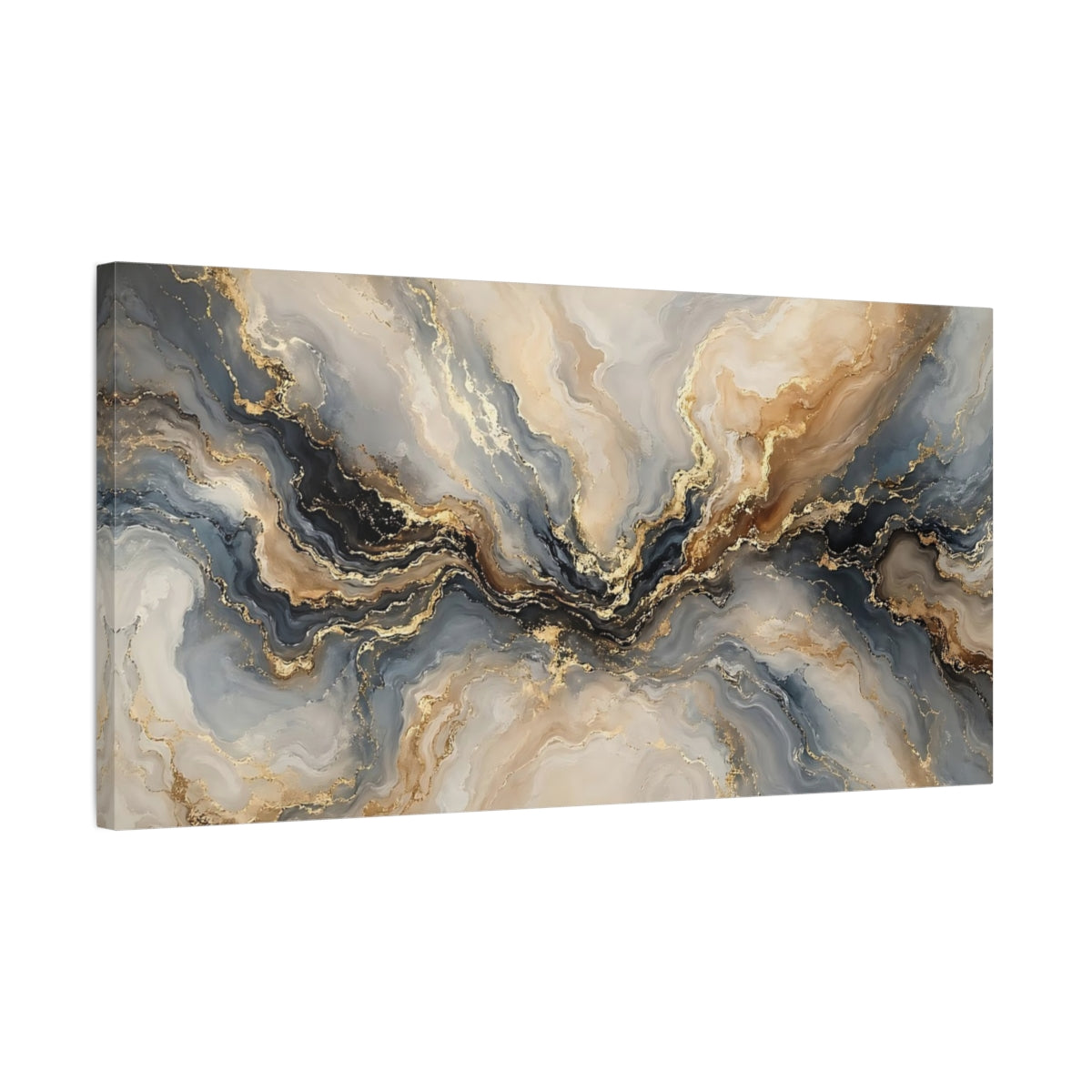 Side Mockup 1. Abstract Abstract Waves Gold Grey Blue Abstract shown as stretched canvas wall art