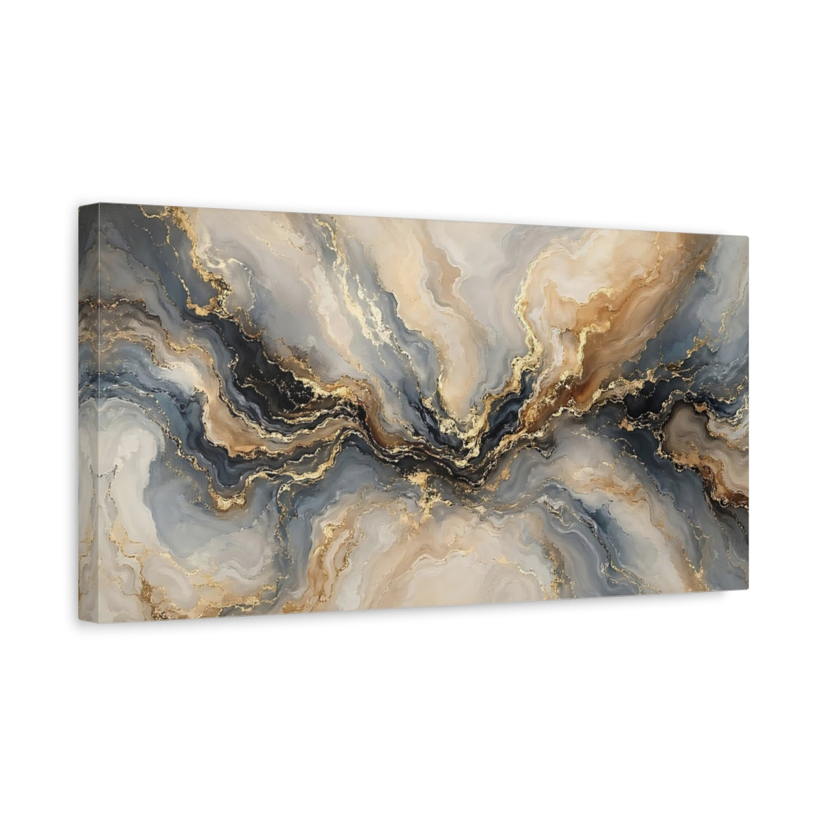 Side Mockup 3. Abstract Abstract Waves Gold Grey Blue Abstract shown as stretched canvas wall art