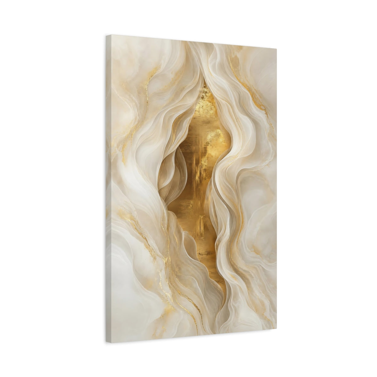 Side Mockup 2. Abstract Abstract Waves Gold White Abstract shown as stretched canvas wall art