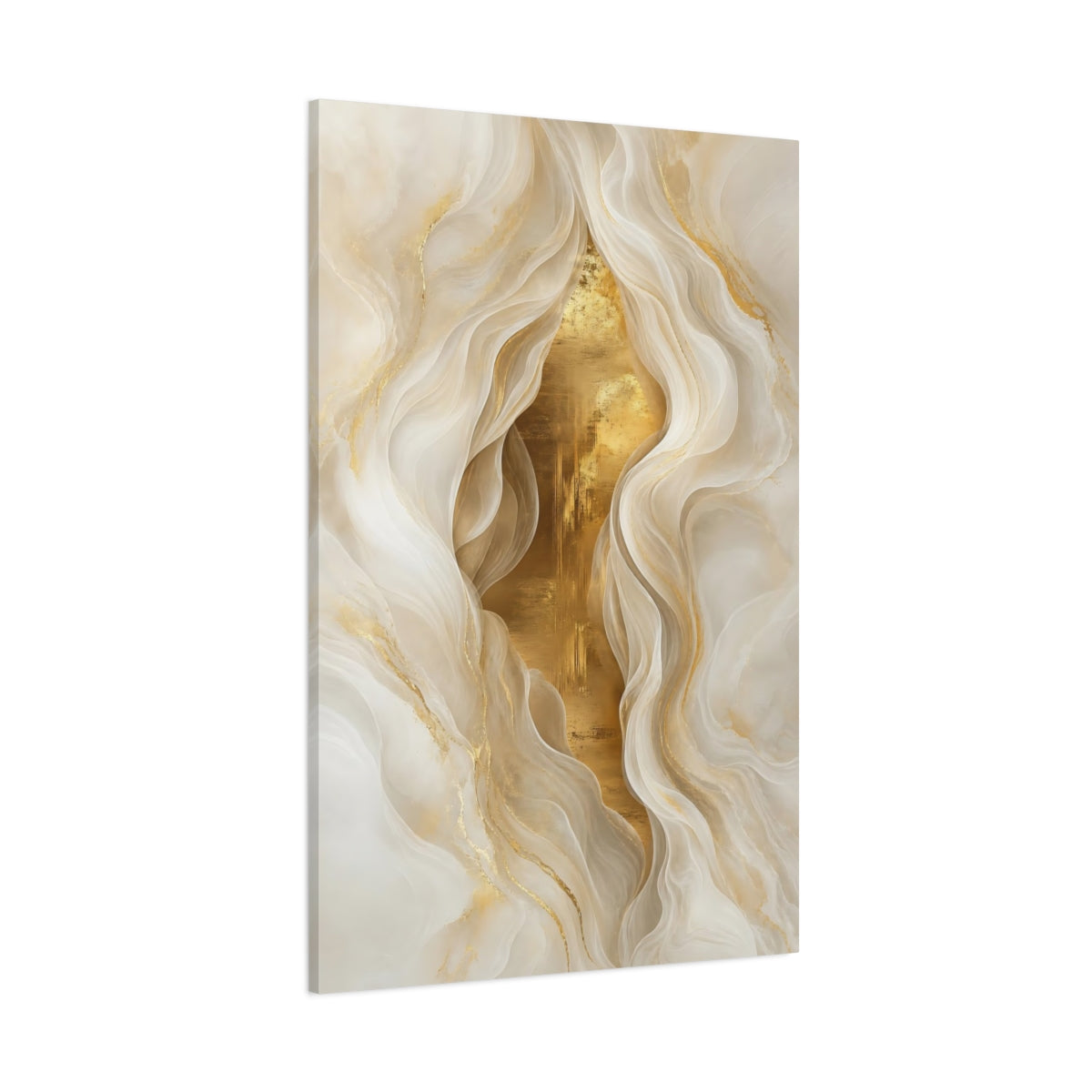 Side Mockup 1. Abstract Abstract Waves Gold White Abstract shown as stretched canvas wall art