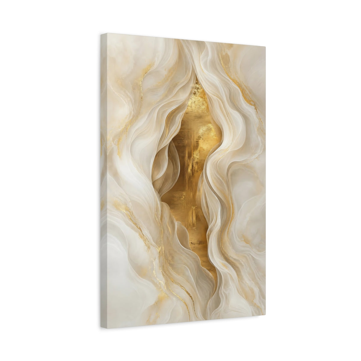 Side Mockup 3. Abstract Abstract Waves Gold White Abstract shown as stretched canvas wall art