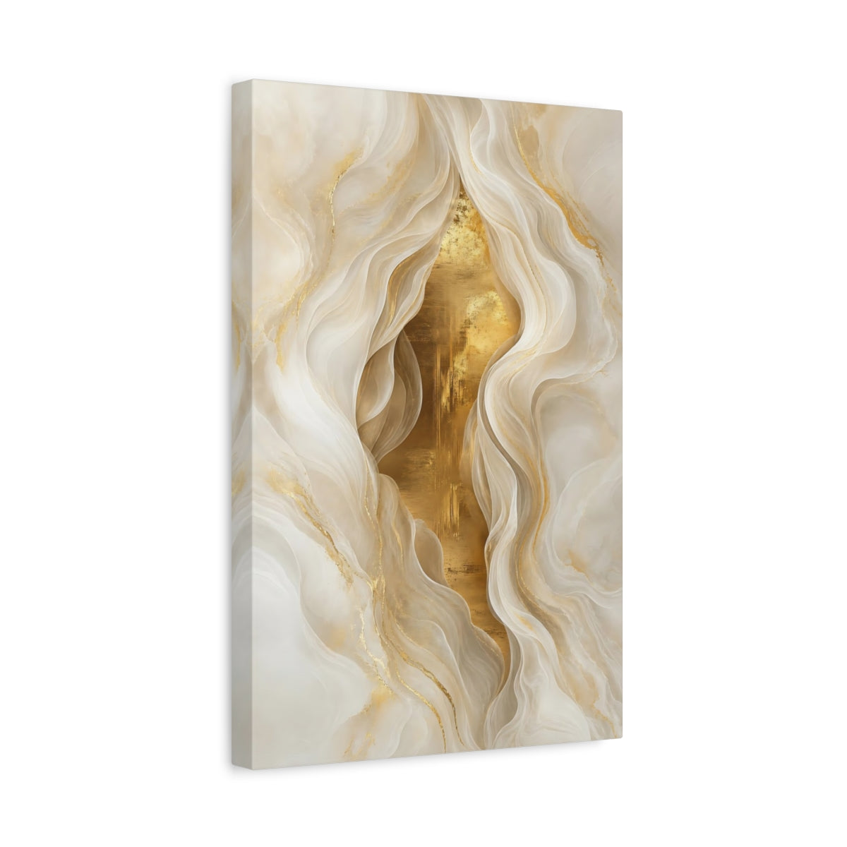 Side Mockup 4. Abstract Abstract Waves Gold White Abstract shown as stretched canvas wall art