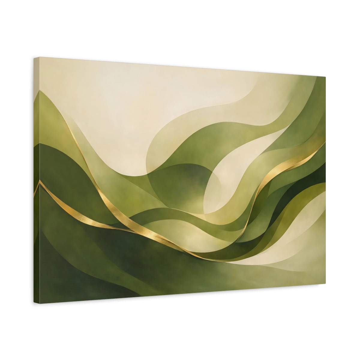 Side Mockup 2. Abstract Abstract Waves Green And Gold Abstract shown as stretched canvas wall art