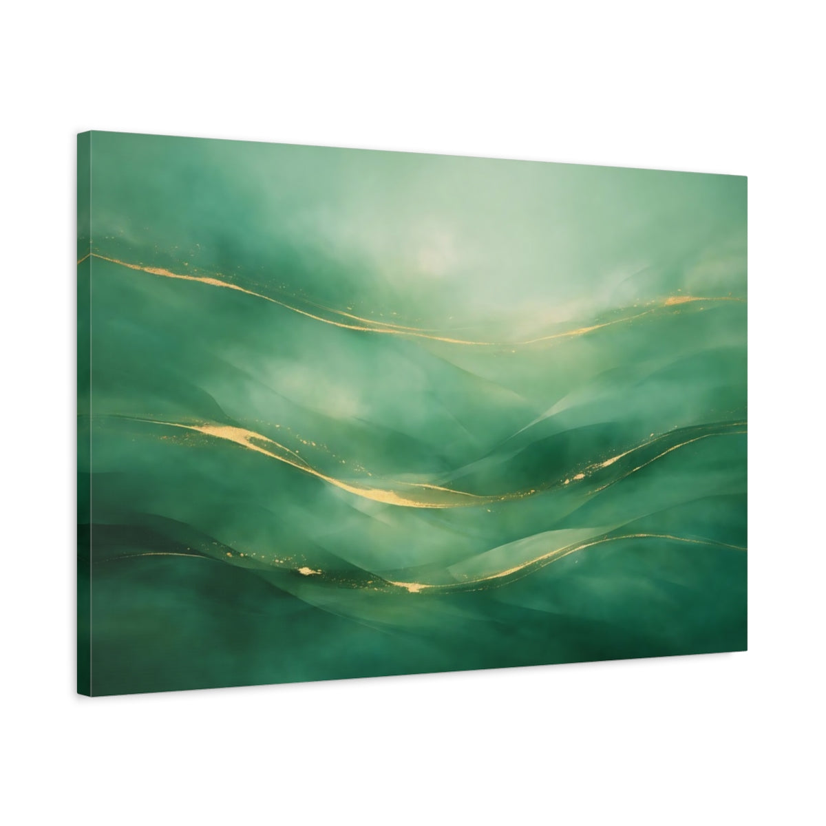 Side Mockup 2. Abstract Abstract Waves Green And Gold shown as stretched canvas wall art