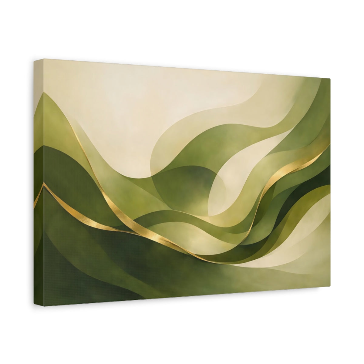 Side Mockup 4. Abstract Abstract Waves Green And Gold Abstract shown as stretched canvas wall art