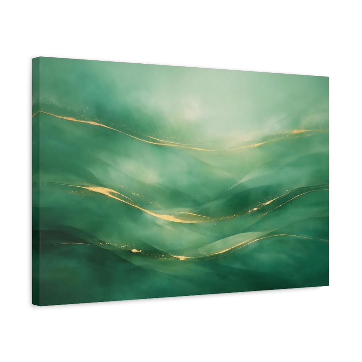 Side Mockup 3. Abstract Abstract Waves Green And Gold shown as stretched canvas wall art