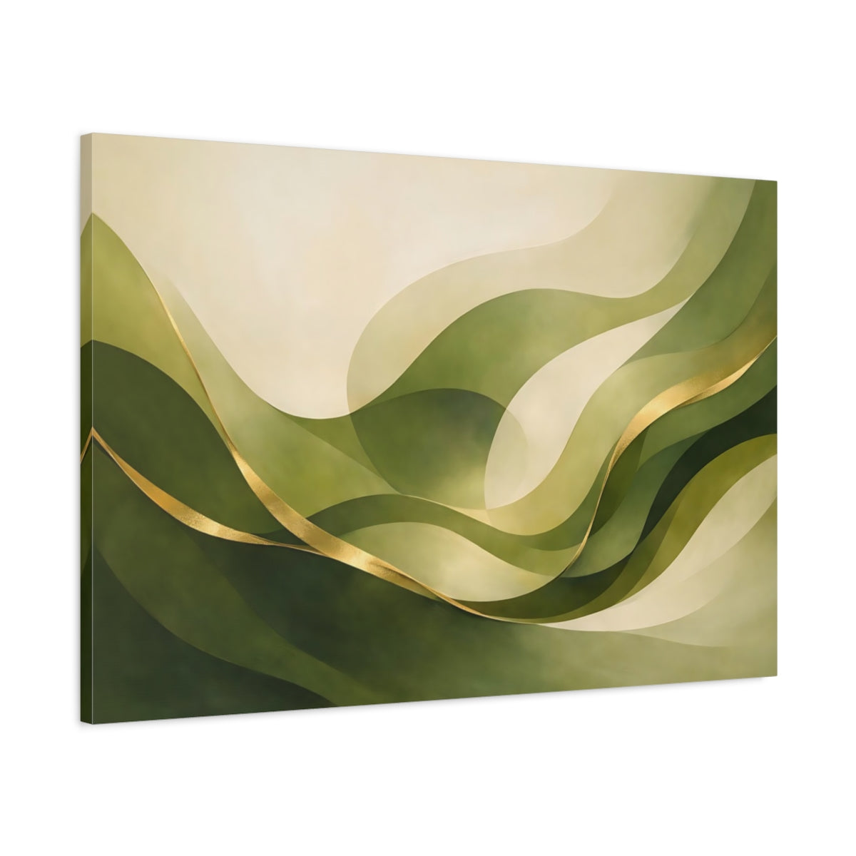 Side Mockup 1. Abstract Abstract Waves Green And Gold Abstract shown as stretched canvas wall art
