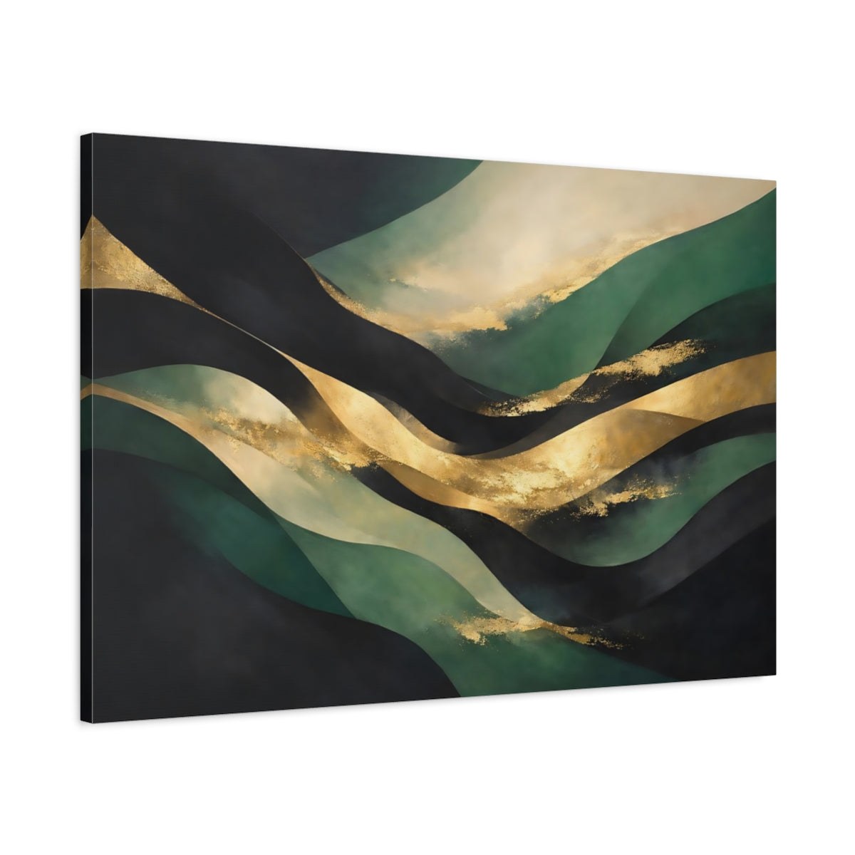 Side Mockup 1. Abstract Abstract Waves Green And Gold Abstract shown as stretched canvas wall art