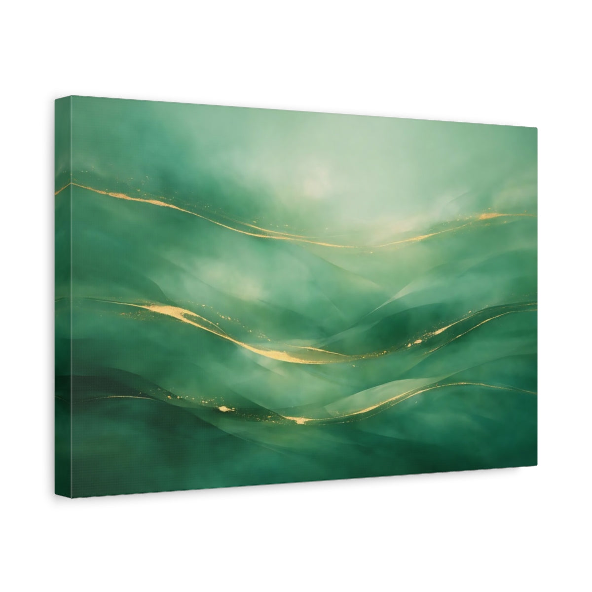 Side Mockup 4. Abstract Abstract Waves Green And Gold shown as stretched canvas wall art