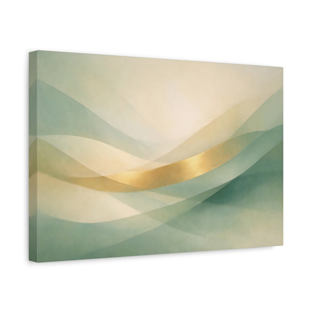Side Mockup 4. Abstract Abstract Waves Green Gold Abstract shown as stretched canvas wall art