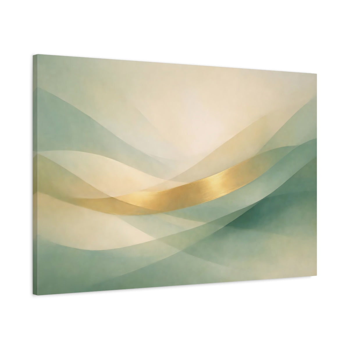 Side Mockup 1. Abstract Abstract Waves Green Gold Abstract shown as stretched canvas wall art