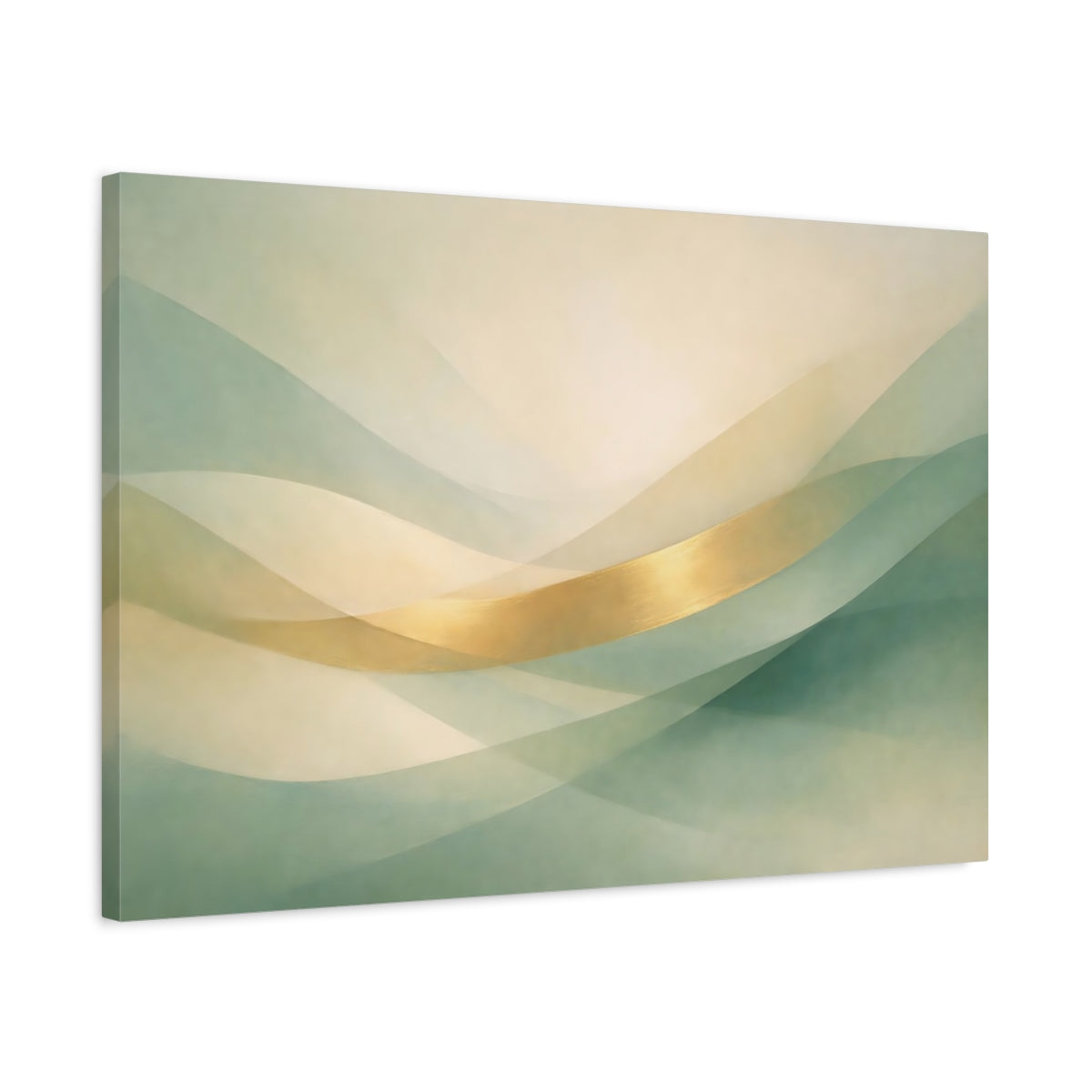 Side Mockup 2. Abstract Abstract Waves Green Gold Abstract shown as stretched canvas wall art