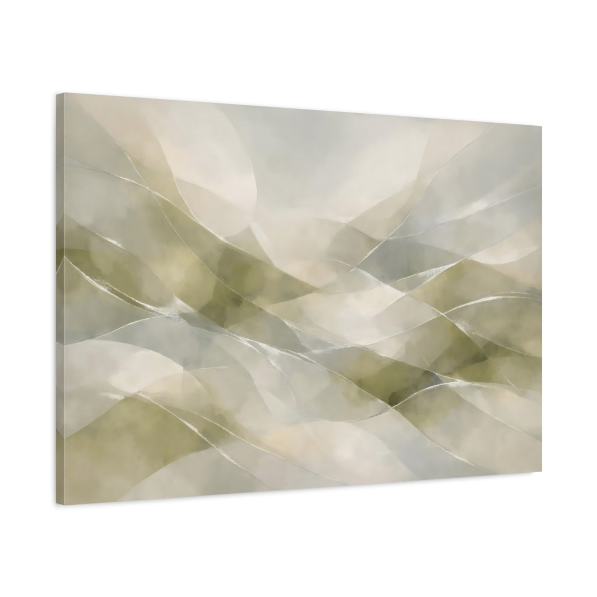 Side Mockup 1. Abstract Abstract Waves Green Grey Abstract shown as stretched canvas wall art
