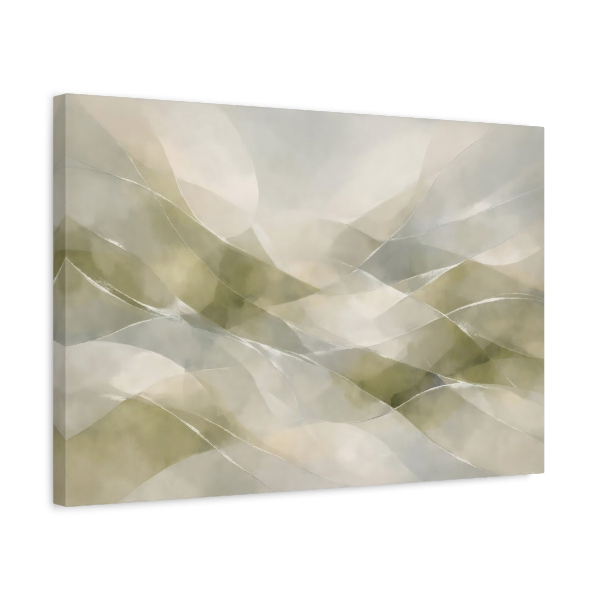 Side Mockup 3. Abstract Abstract Waves Green Grey Abstract shown as stretched canvas wall art