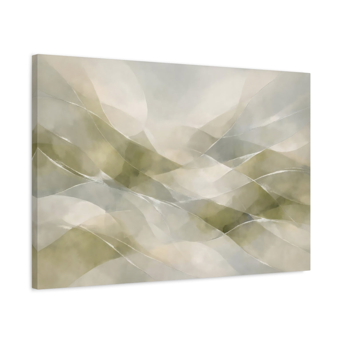 Side Mockup 2. Abstract Abstract Waves Green Grey Abstract shown as stretched canvas wall art