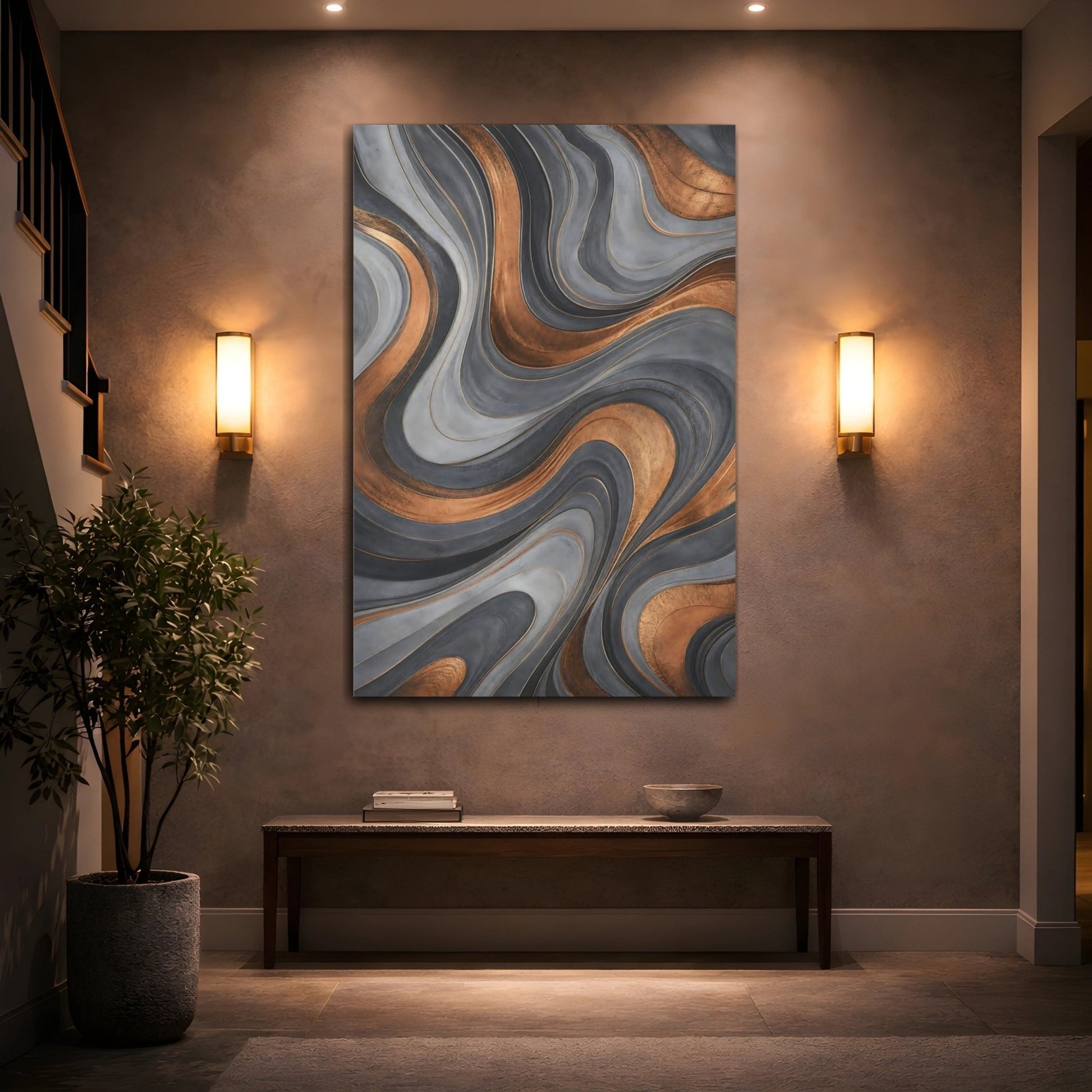 Abstract Waves Grey And Gold Canvas Print – Living Room, Above Console Table - YesArtYes