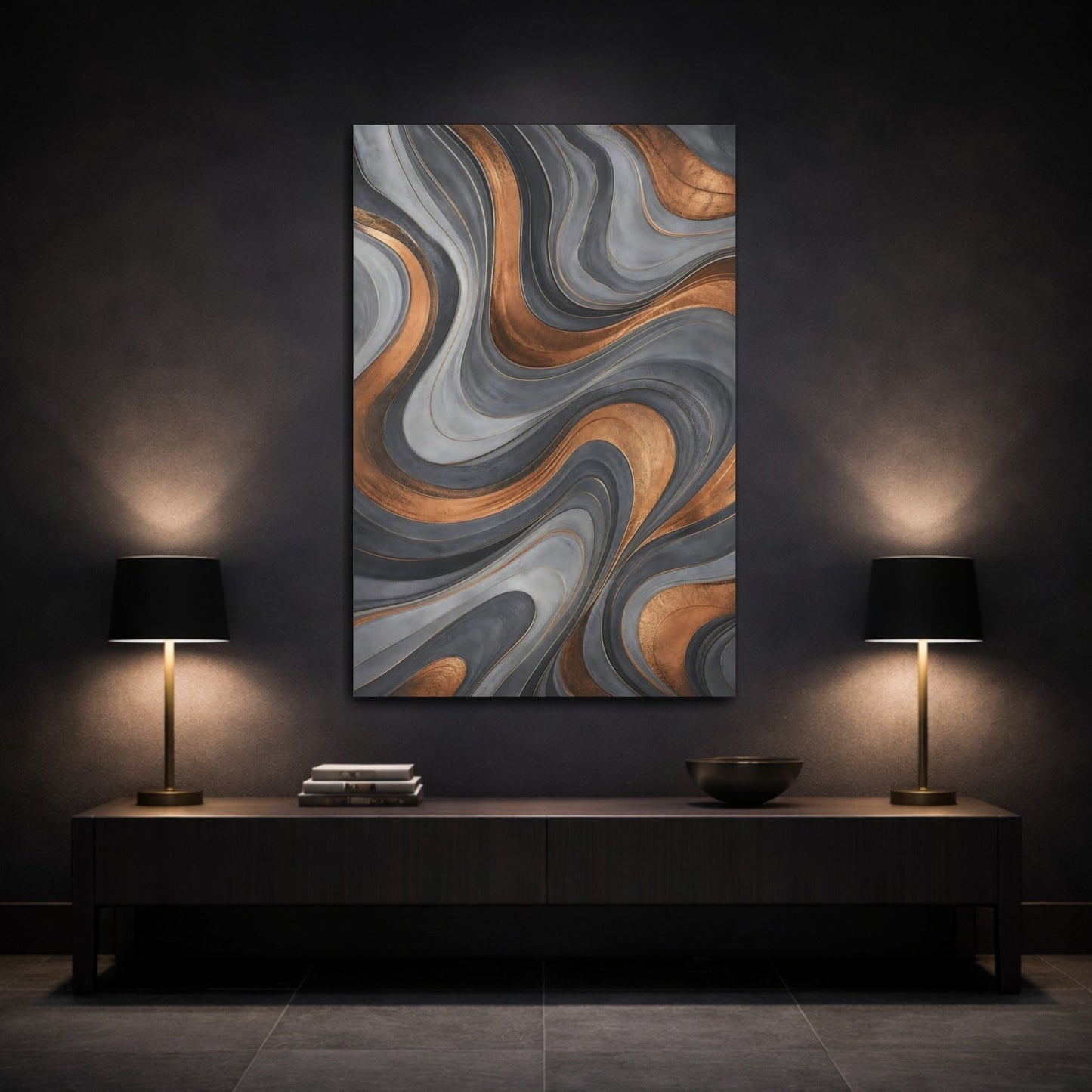 Abstract Waves Grey And Gold Canvas Print – Living Room, Above Console Table - YesArtYes