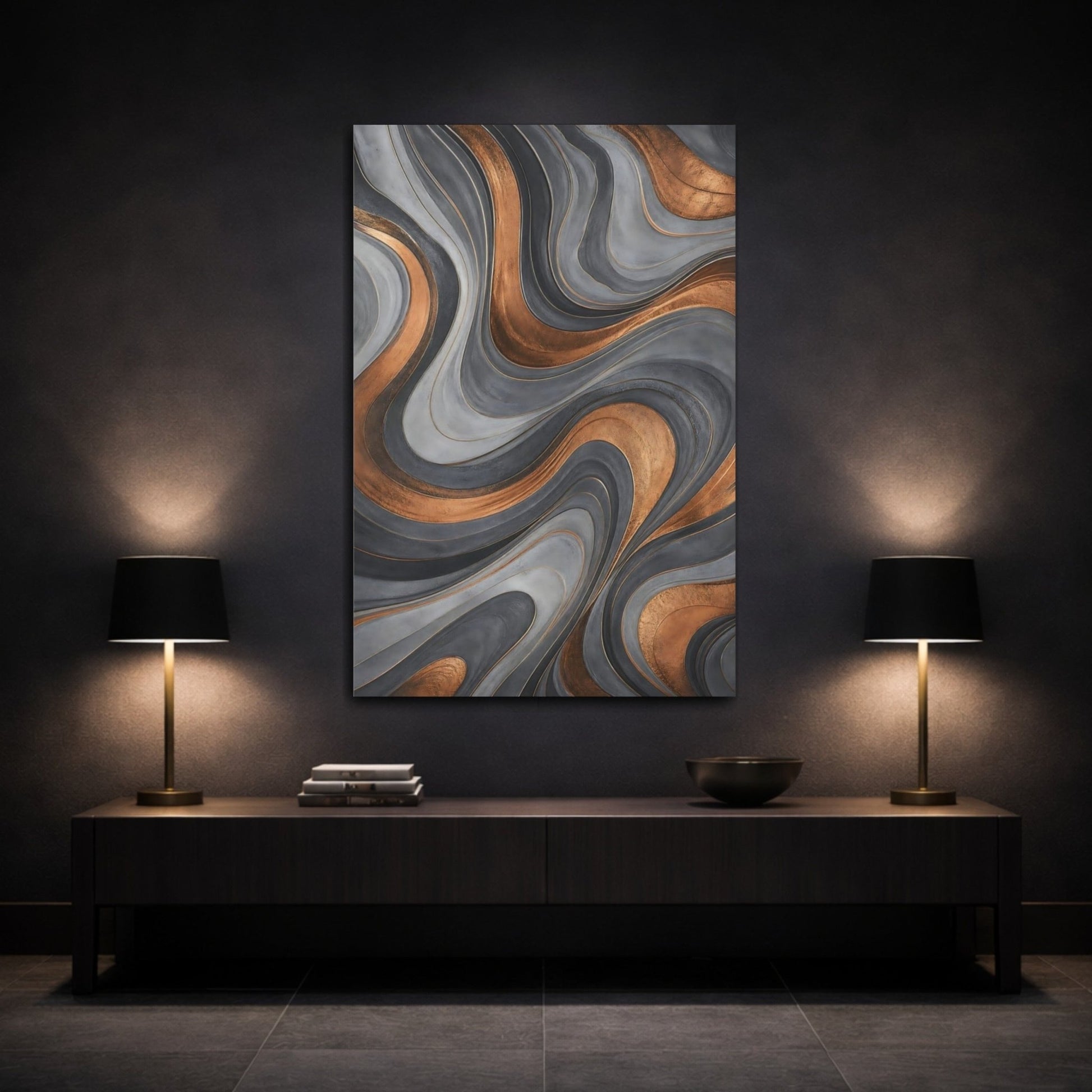 Abstract Waves Grey And Gold Canvas Print – Living Room, Above Console Table - YesArtYes