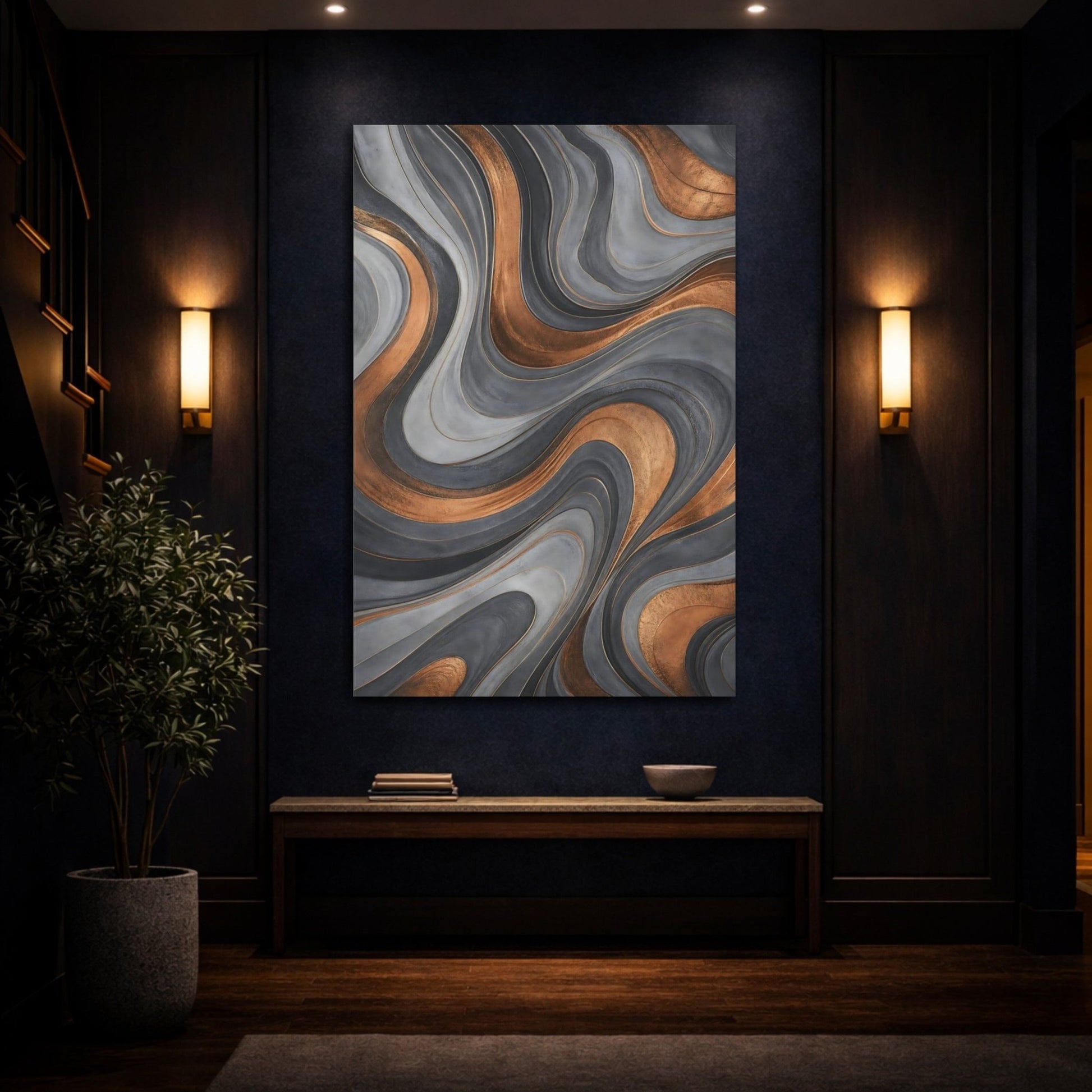 Abstract Waves Grey And Gold Canvas Print – Living Room, Above Console Table - YesArtYes
