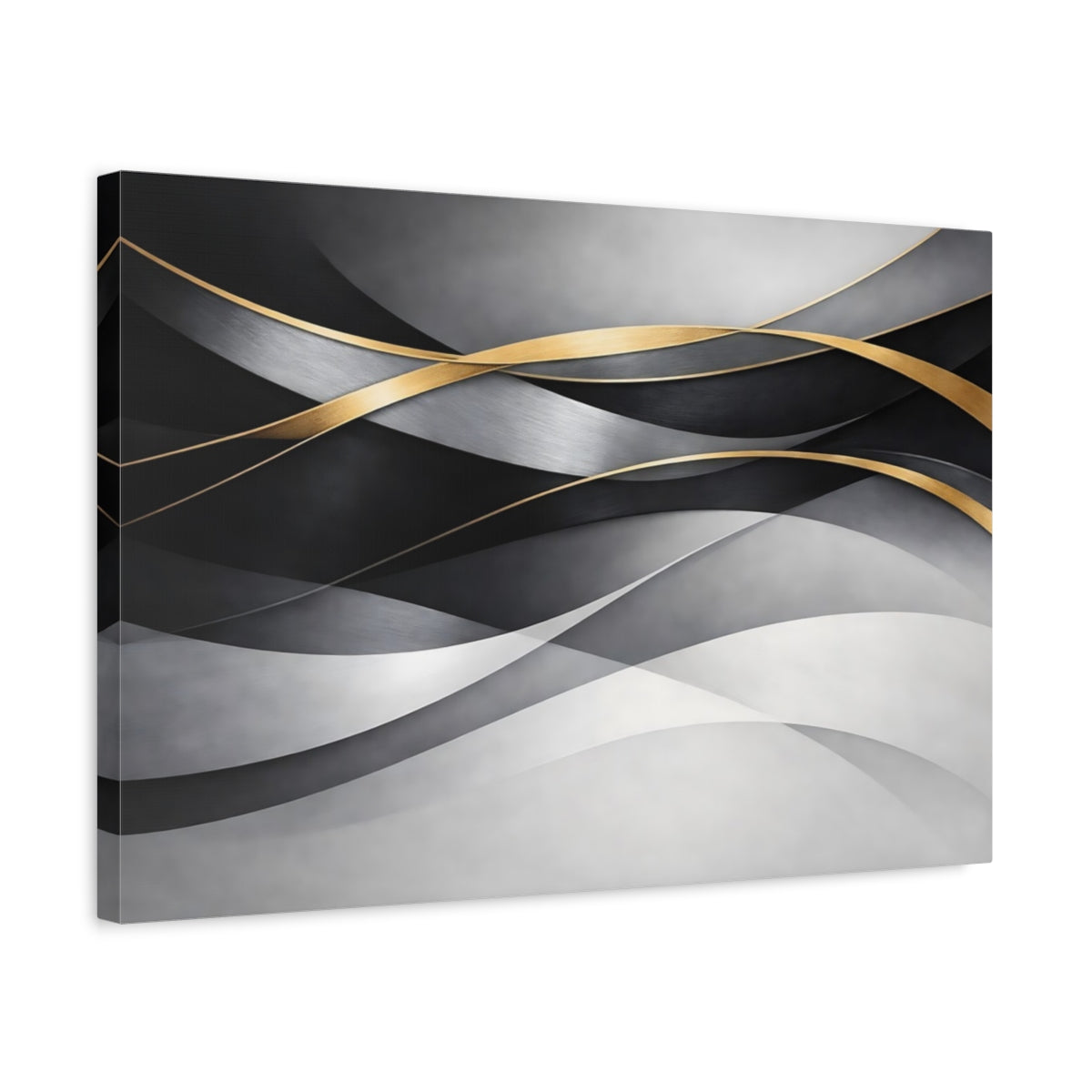 Side Mockup 3. Abstract Abstract Waves Grey And Gold shown as stretched canvas wall art
