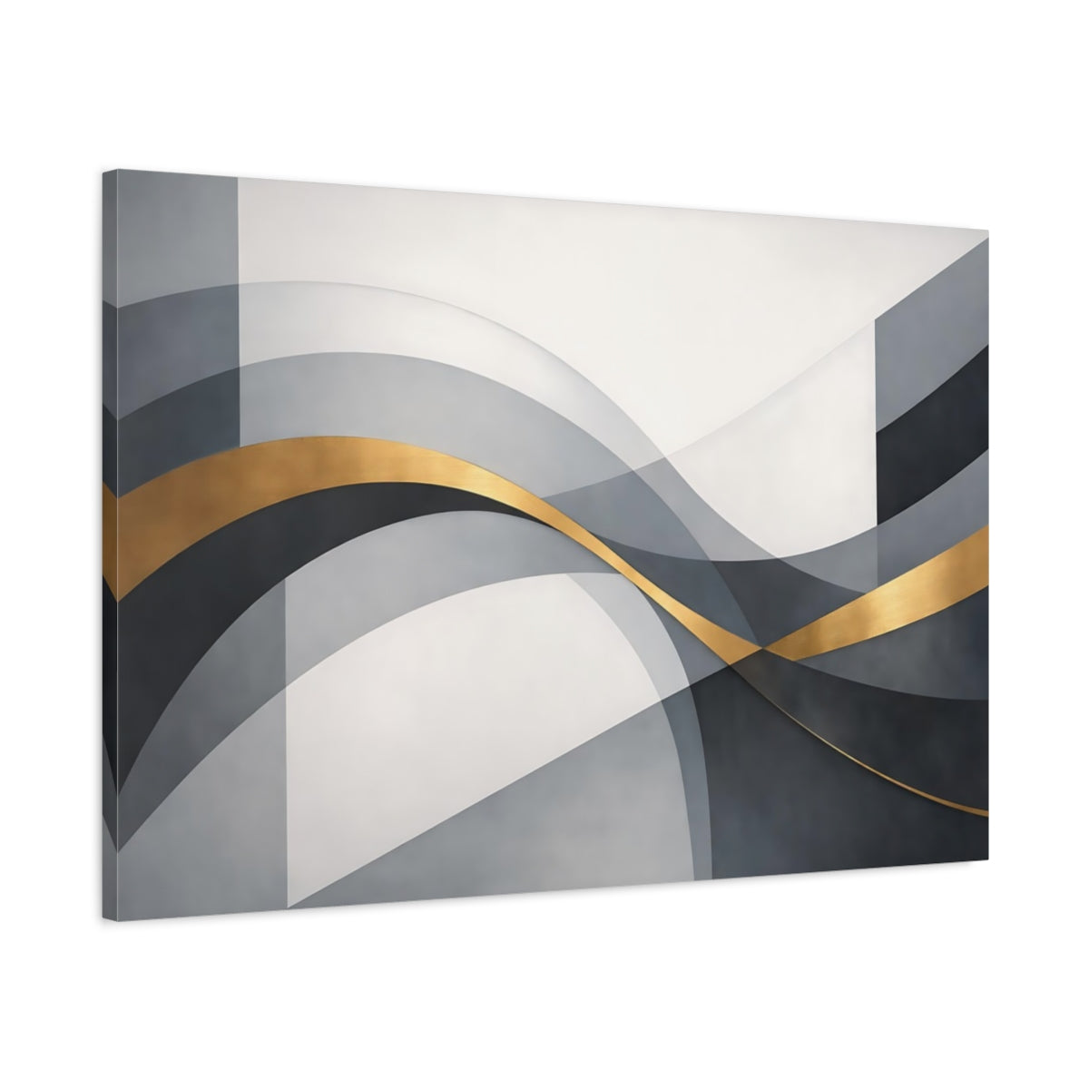 Side Mockup 1. Abstract Abstract Waves Grey And Gold shown as stretched canvas wall art