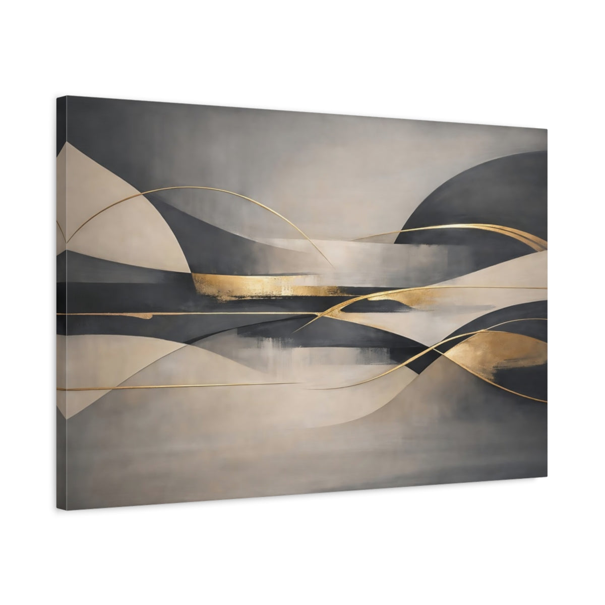 Side Mockup 2. Abstract Abstract Waves Grey Beige Gold shown as stretched canvas wall art