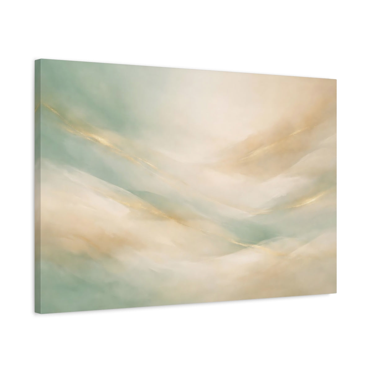 Side Mockup 2. Abstract Abstract Waves Mint Green Gold shown as stretched canvas wall art