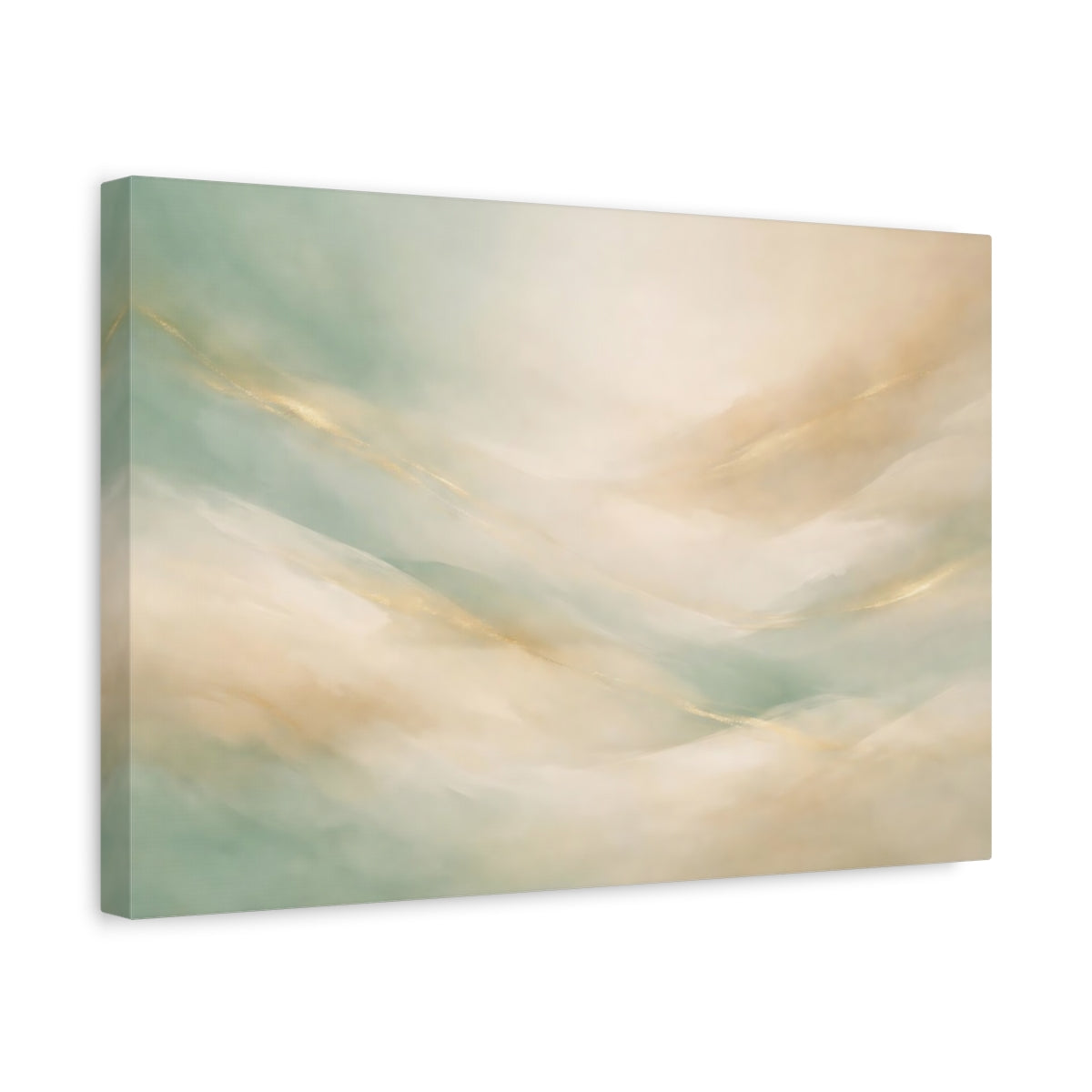 Side Mockup 4. Abstract Abstract Waves Mint Green Gold shown as stretched canvas wall art