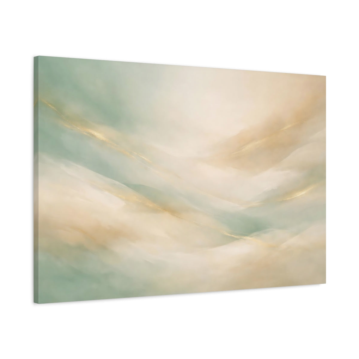Side Mockup 1. Abstract Abstract Waves Mint Green Gold shown as stretched canvas wall art