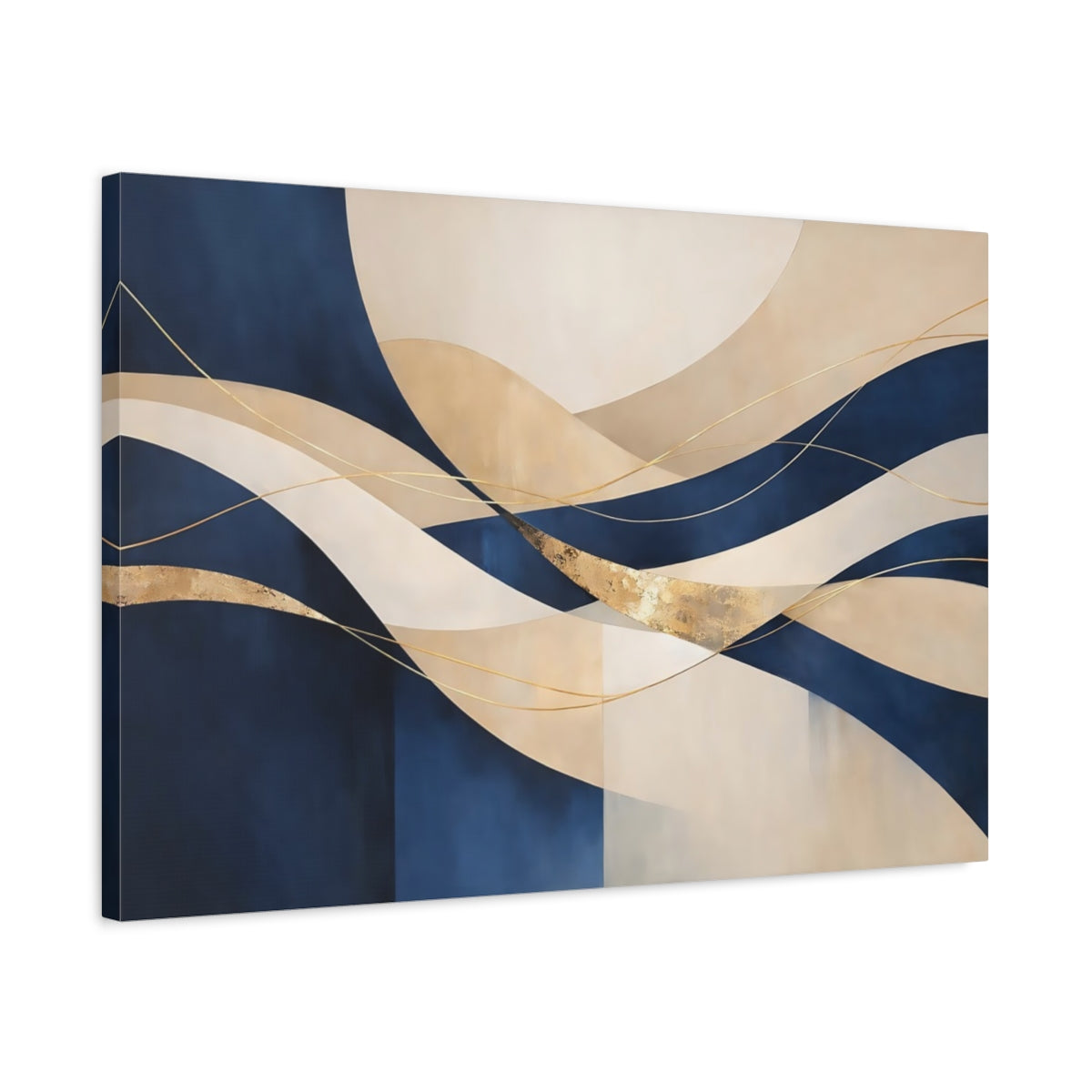 Side Mockup 2. Abstract Abstract Waves Navy Gold Abstract shown as stretched canvas wall art