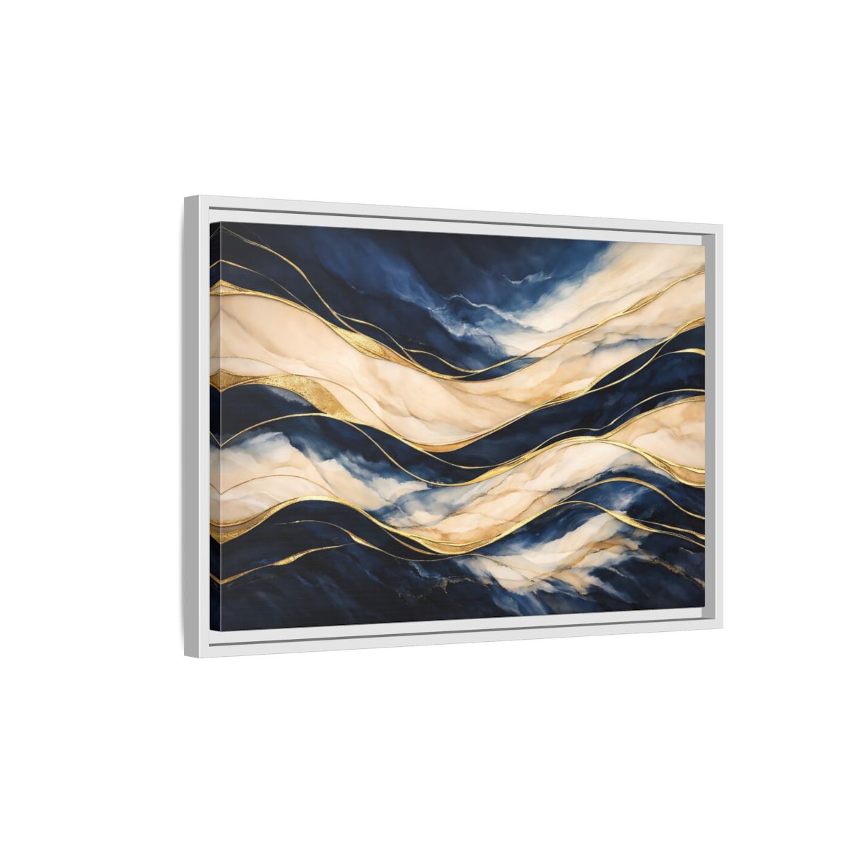 Side Mockup 1. Abstract Abstract Waves Navy Gold Abstract shown as stretched canvas wall art