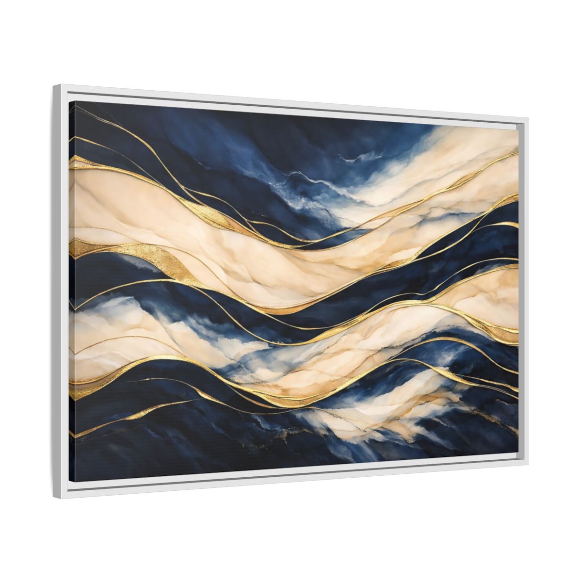 Side Mockup 8. Abstract Abstract Waves Navy Gold Abstract shown as stretched canvas wall art