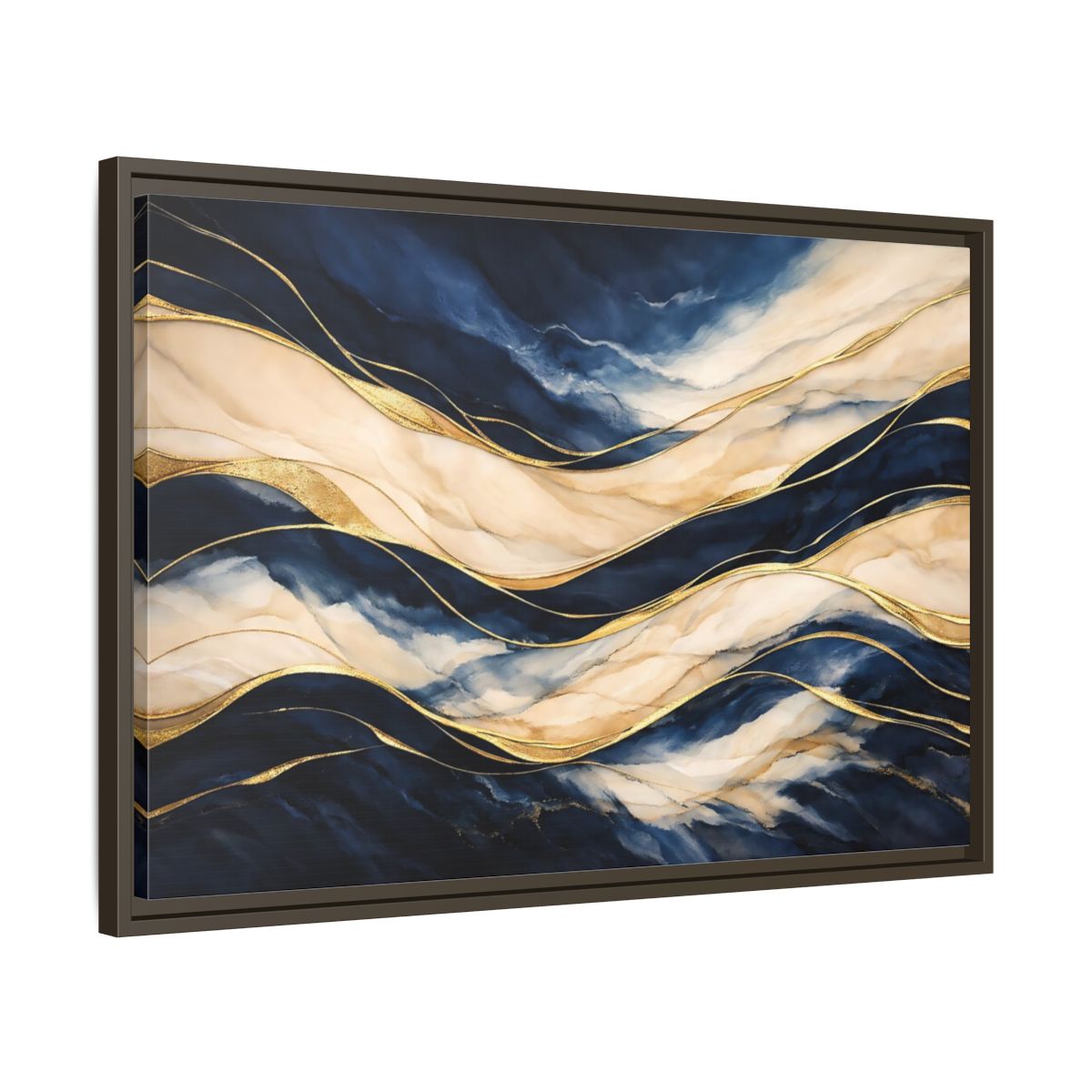 Side Mockup 11. Abstract Abstract Waves Navy Gold Abstract shown as stretched canvas wall art