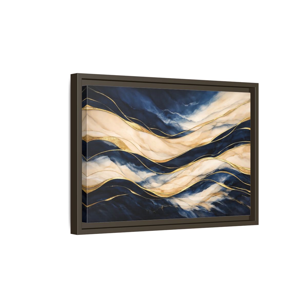 Side Mockup 5. Abstract Abstract Waves Navy Gold Abstract shown as stretched canvas wall art