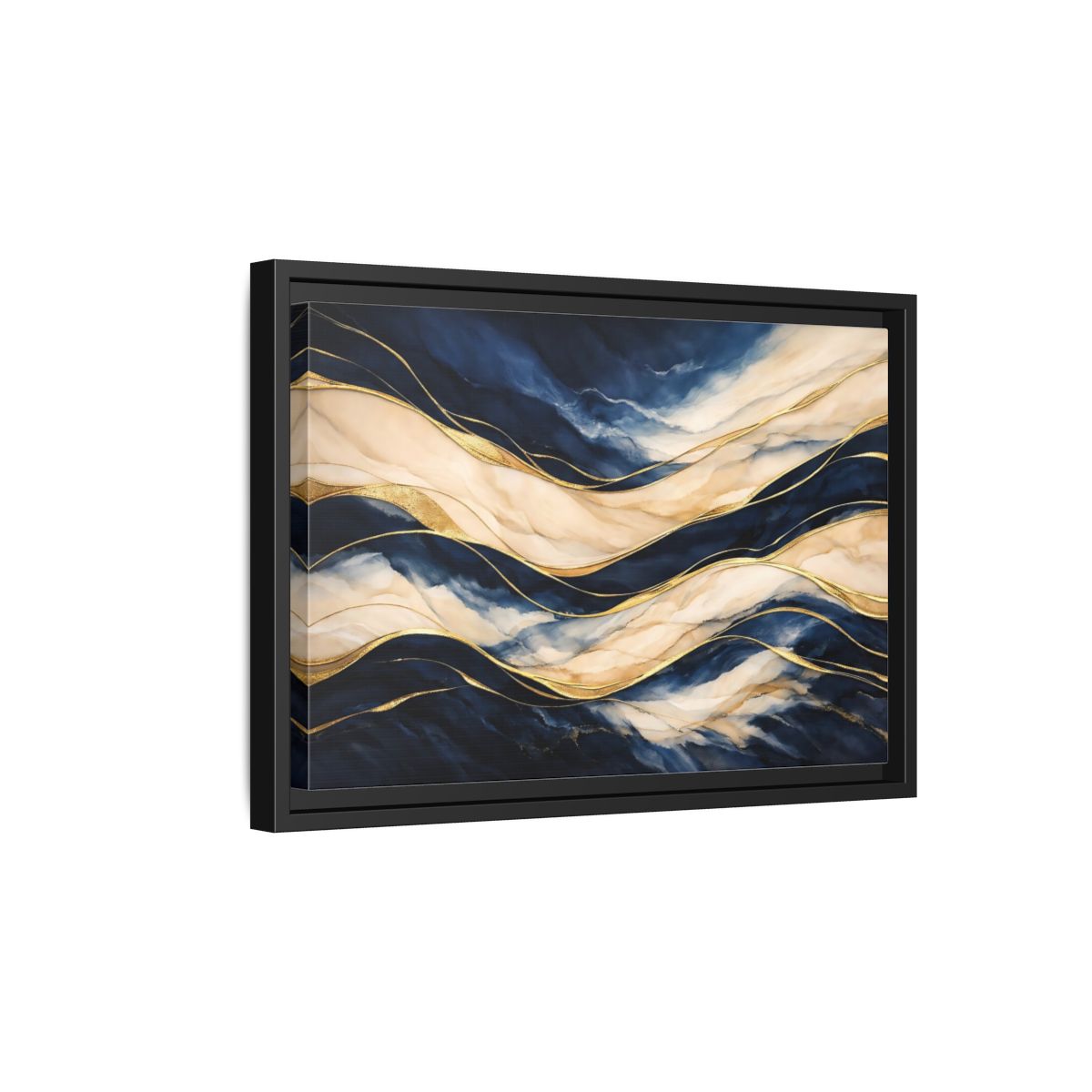 Side Mockup 6. Abstract Abstract Waves Navy Gold Abstract shown as stretched canvas wall art