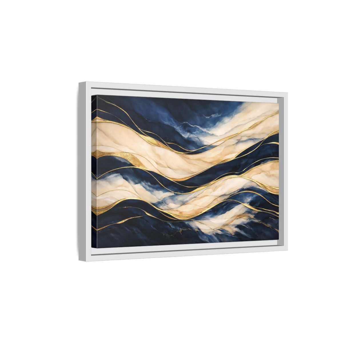 Side Mockup 4. Abstract Abstract Waves Navy Gold Abstract shown as stretched canvas wall art