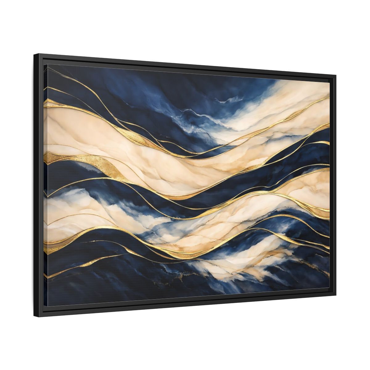 Side Mockup 13. Abstract Abstract Waves Navy Gold Abstract shown as stretched canvas wall art