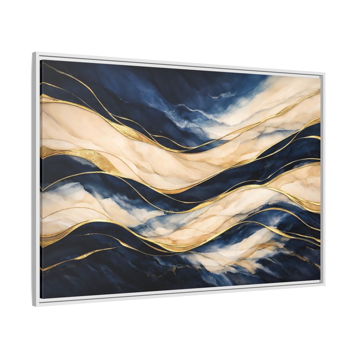 Side Mockup 7. Abstract Abstract Waves Navy Gold Abstract shown as stretched canvas wall art