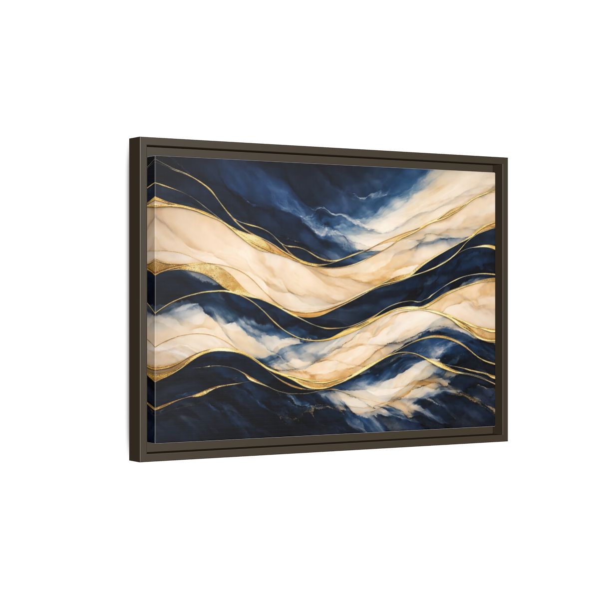 Side Mockup 2. Abstract Abstract Waves Navy Gold Abstract shown as stretched canvas wall art