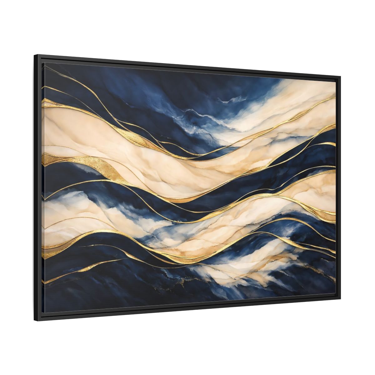 Side Mockup 12. Abstract Abstract Waves Navy Gold Abstract shown as stretched canvas wall art