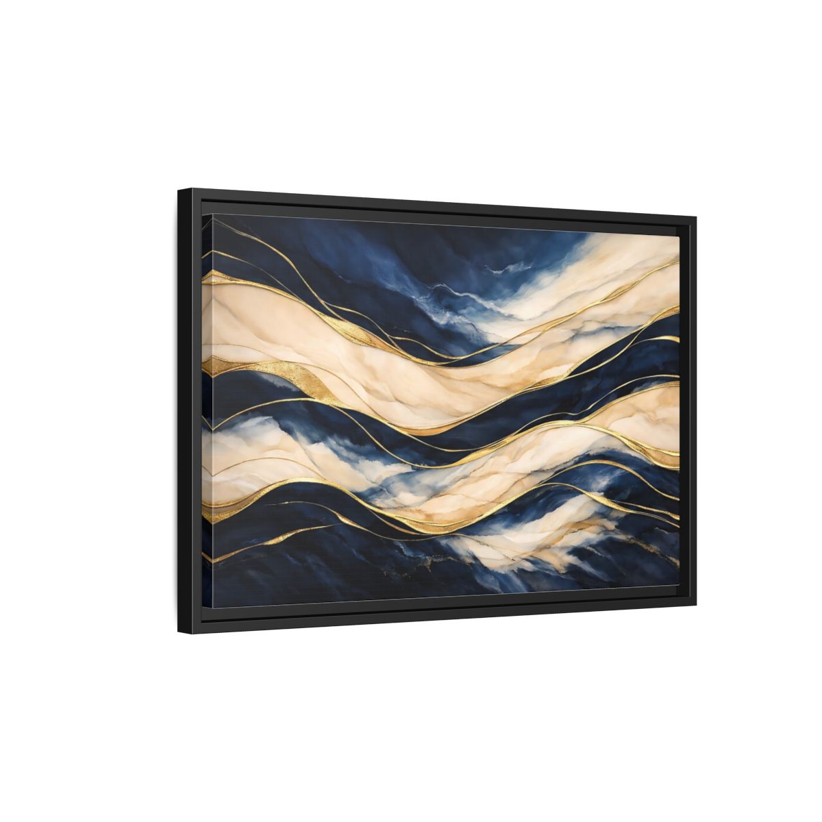 Side Mockup 3. Abstract Abstract Waves Navy Gold Abstract shown as stretched canvas wall art