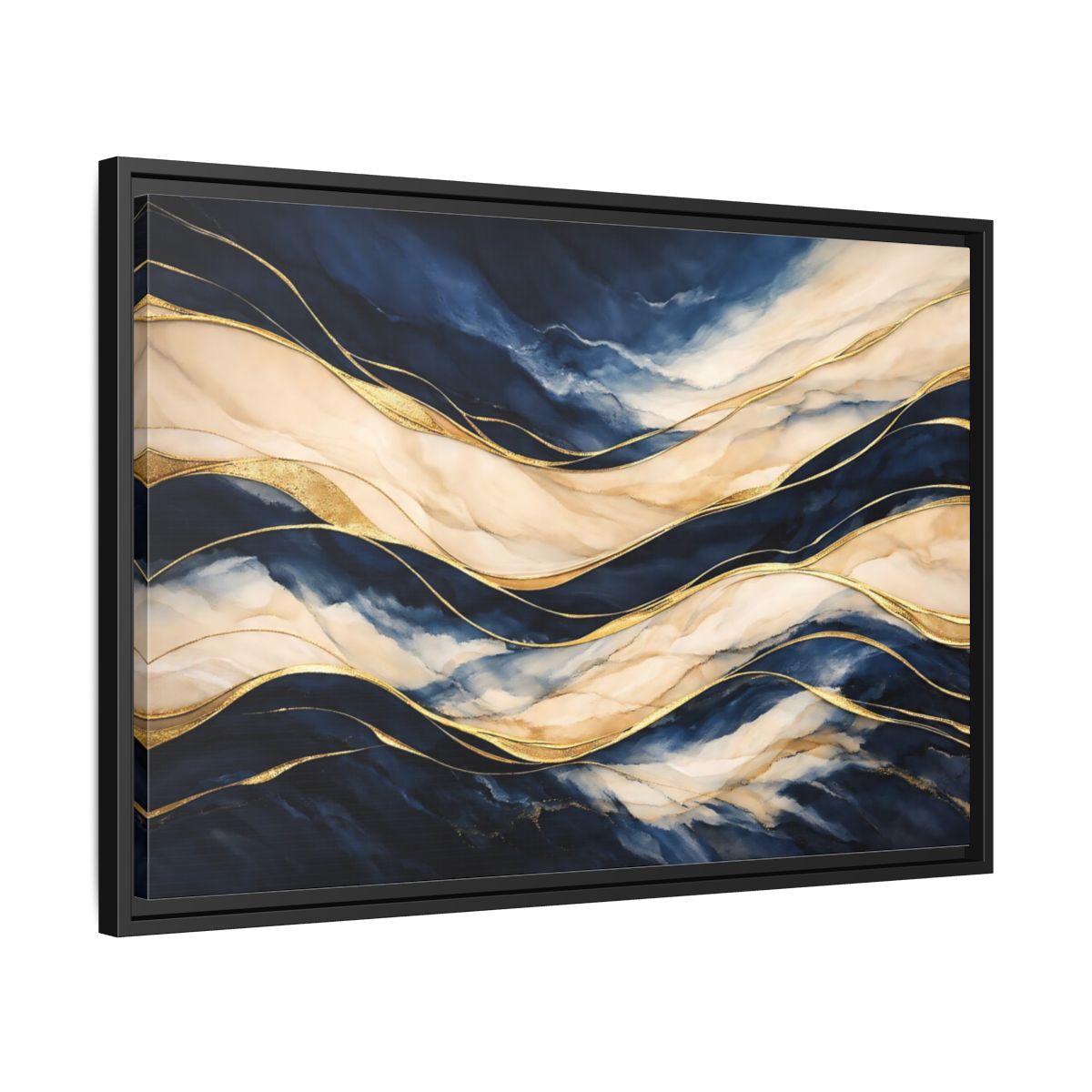 Side Mockup 14. Abstract Abstract Waves Navy Gold Abstract shown as stretched canvas wall art