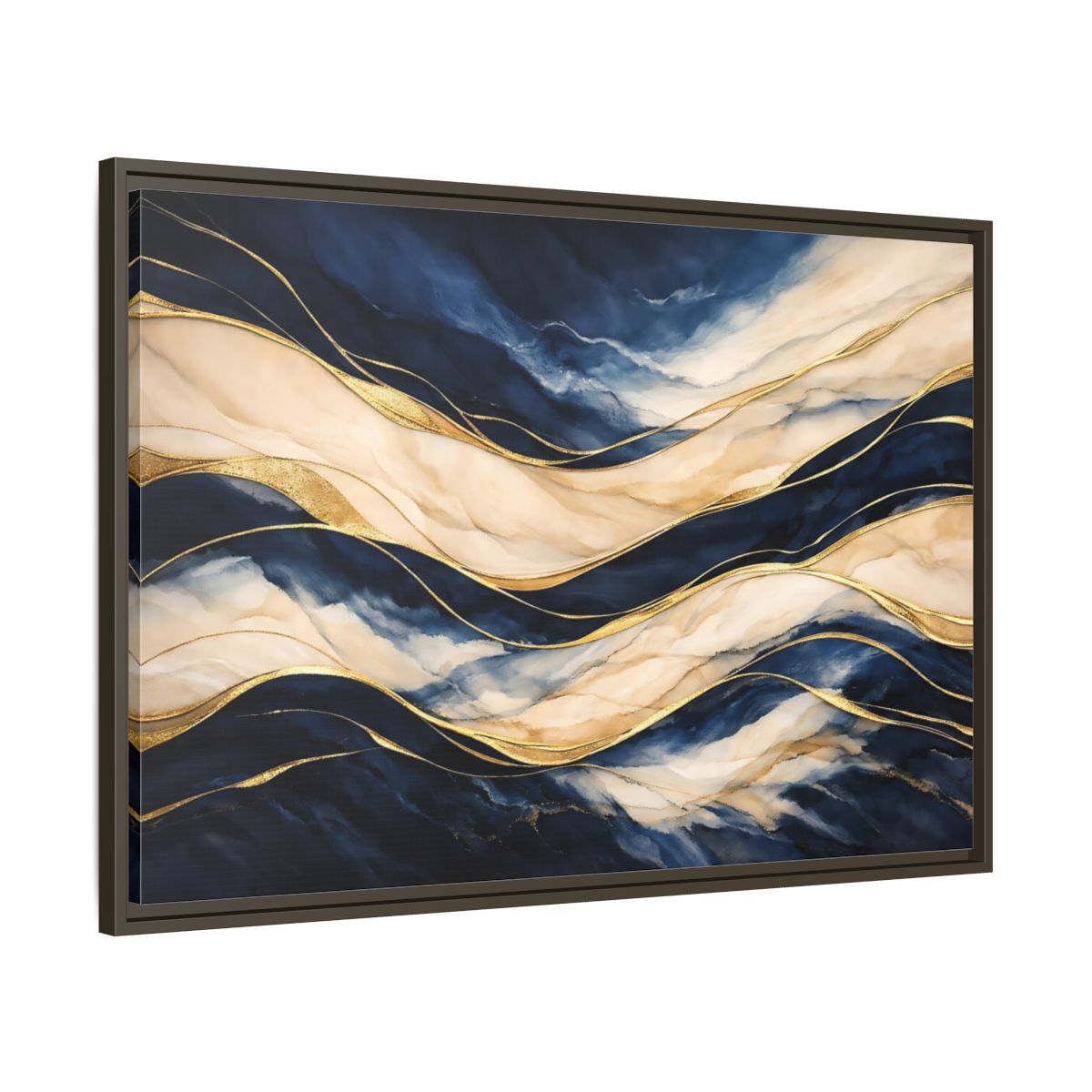 Side Mockup 9. Abstract Abstract Waves Navy Gold Abstract shown as stretched canvas wall art