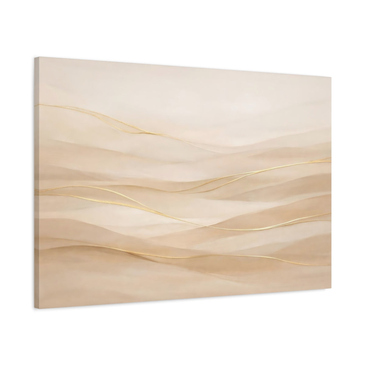 Side Mockup 1. Abstract Abstract Waves Neutral Gold Waves shown as stretched canvas wall art