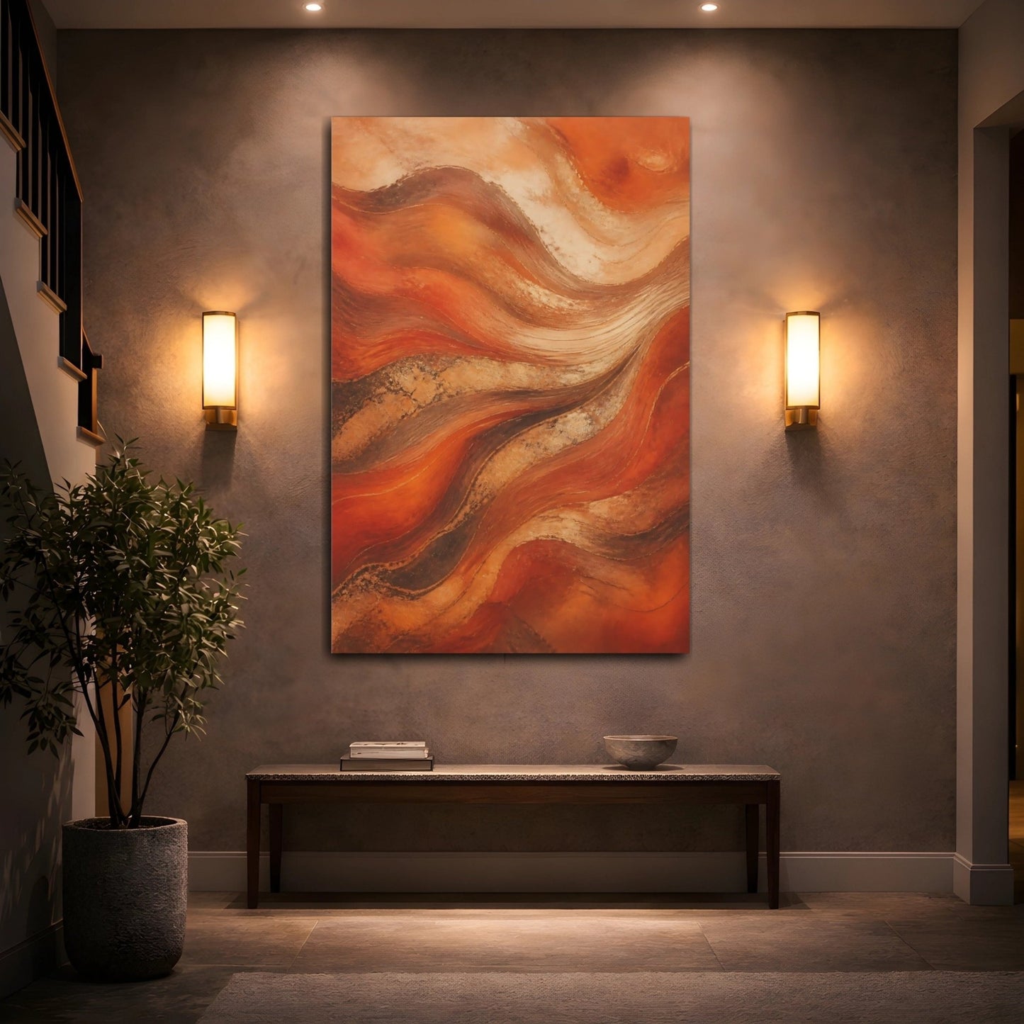 Abstract Waves Orange And Gold Canvas Wall Art Print – Living Room, Above Fireplace - YesArtYes
