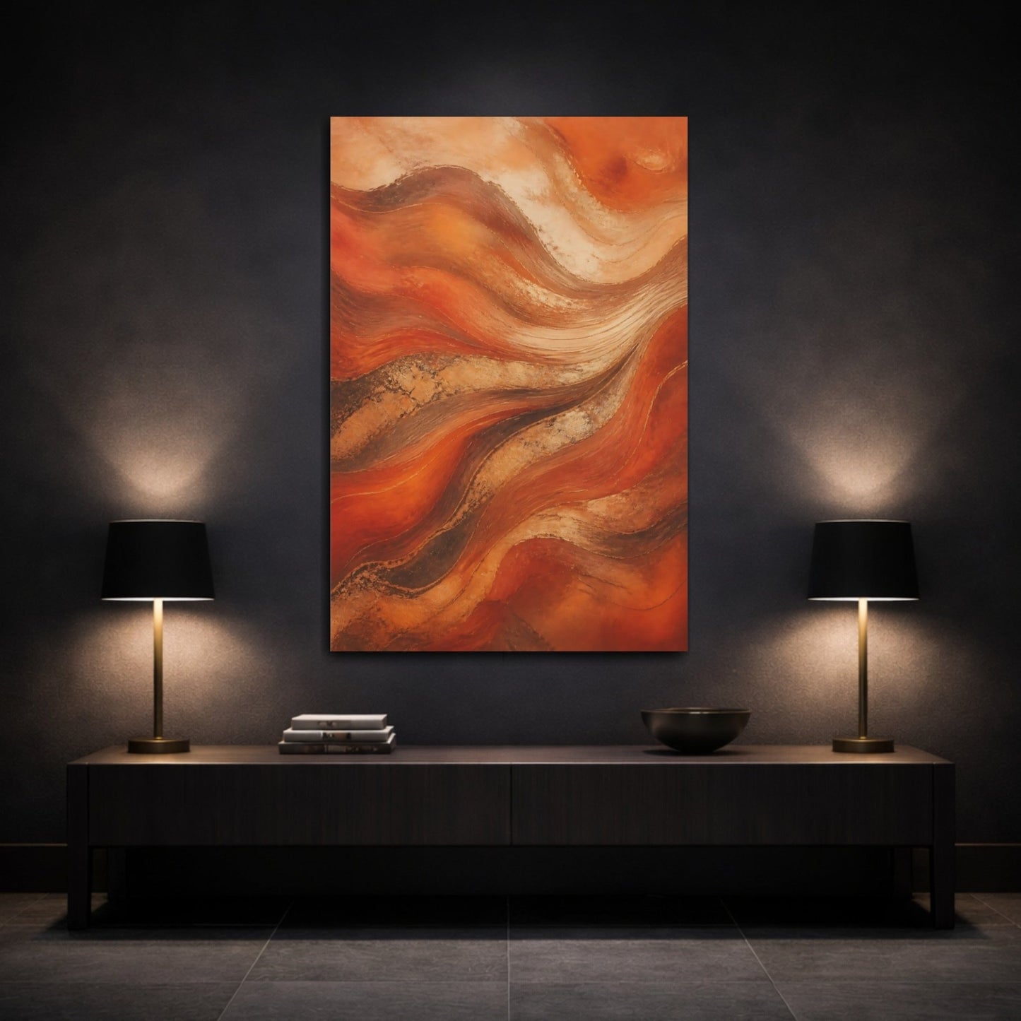 Abstract Waves Orange And Gold Canvas Wall Art Print – Living Room, Above Fireplace - YesArtYes