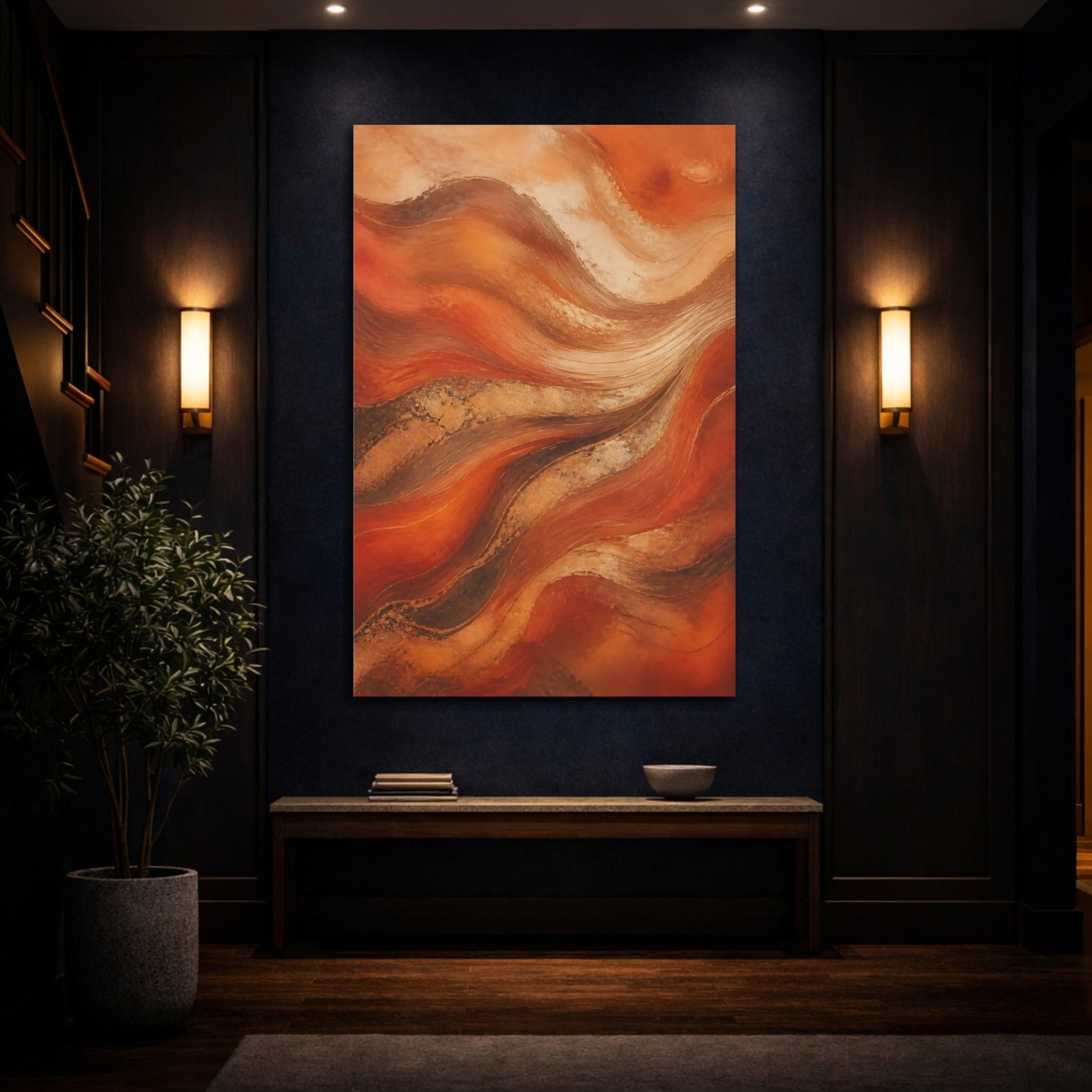 Abstract Waves Orange And Gold Canvas Wall Art Print – Living Room, Above Fireplace - YesArtYes