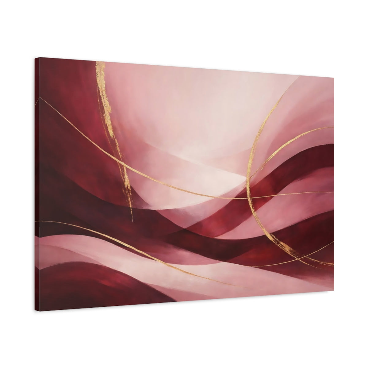 Side Mockup 1. Abstract Abstract Waves Pink And Gold Abstract shown as stretched canvas wall art
