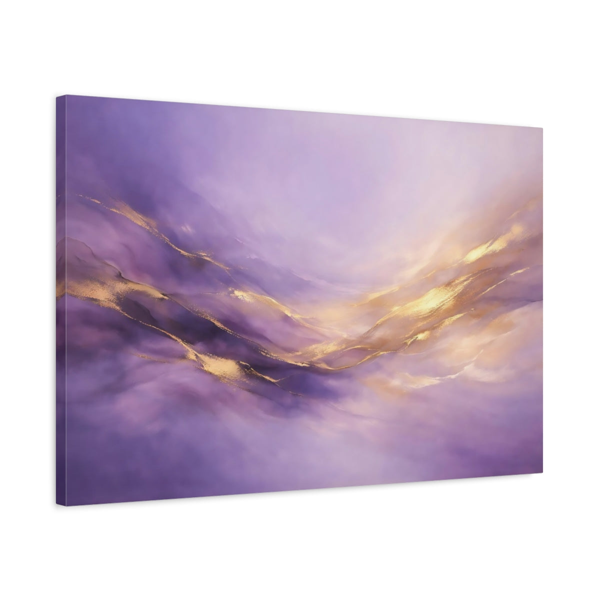 Side Mockup 2. Abstract Abstract Waves Purple And Gold shown as stretched canvas wall art